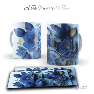 Taza con diseño de flores 3D azules y hojas doradas en un estilo artístico sobre fondo claro. Vista frontal y plantilla para sublimar.