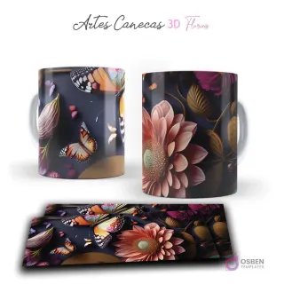 Taza con mariposas coloridas y flor 3D naranja, con hojas oscuras en fondo vibrante. Vista frontal y plantilla para sublimar.
