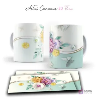 Taza con frescas flores 3D en tonos pastel y mariposas plateadas sobre fondo blanco y menta. Vista frontal y plantilla para sublimar.