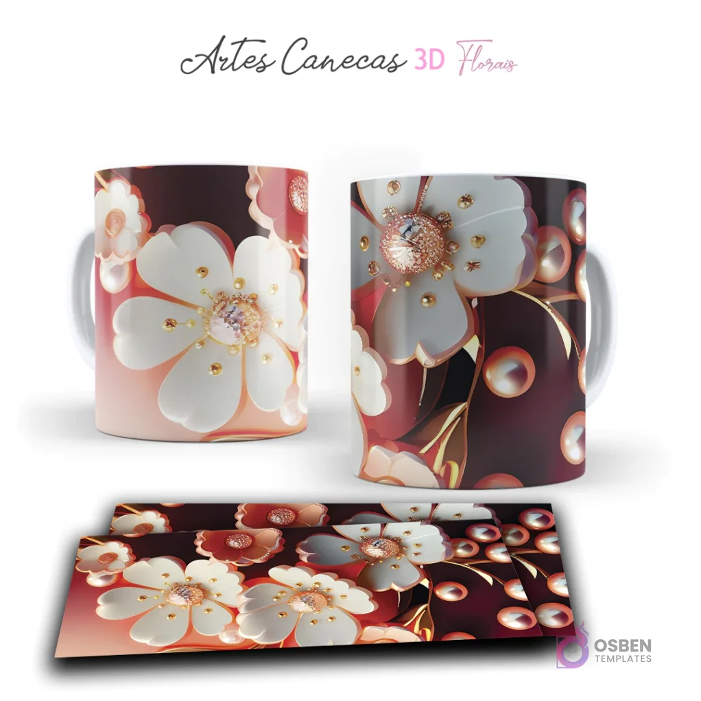 Taza con flores 3D blancas y rojas, perlas doradas y detalles brillantes sobre fondo granate. Vista frontal y plantilla para sublimar.