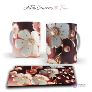 Taza con flores 3D blancas y rojas, perlas doradas y detalles brillantes sobre fondo granate. Vista frontal y plantilla para sublimar.