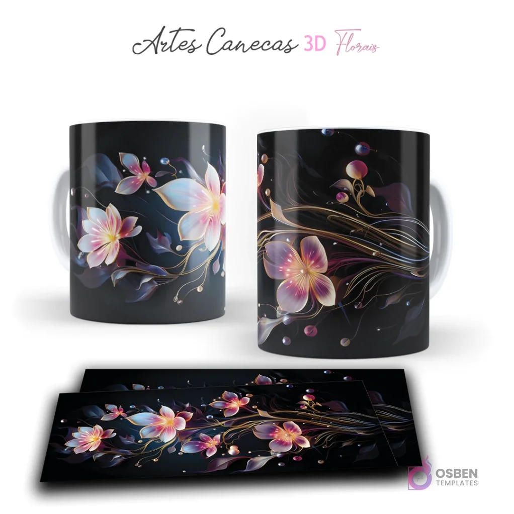 Taza con diseño de flores 3D rosadas y amarillas, con volutas y burbujas brillantes en fondo negro. Vista frontal y plantilla para sublimar.