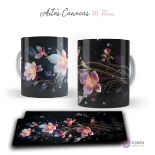 Taza con diseño de flores 3D rosadas y amarillas, con volutas y burbujas brillantes en fondo negro. Vista frontal y plantilla para sublimar.
