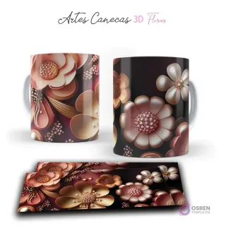 Taza con flores 3D en tonos bronce y dorado, con perlas y destellos sobre fondo oscuro. Vista frontal y plantilla para sublimar.
