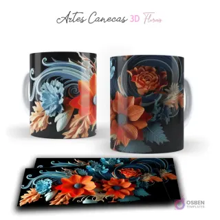 Taza con vibrantes flores 3D naranjas y azules, con volutas abstractas sobre fondo negro. Vista frontal y plantilla para sublimar.