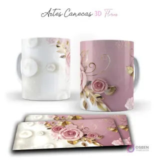 Taza con rosas 3D rosadas, perlas y detalles dorados sobre fondos blanco y rosado. Vista frontal y plantilla para sublimar.