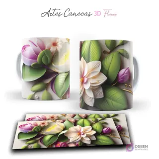 Taza con suaves flores 3D blancas y moradas, hojas verdes, en un estilo fresco y elegante. Vista frontal y plantilla para sublimar.