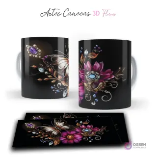 Taza con mariposa y flor 3D en tonos morados y joyas brillantes sobre fondo negro. Vista frontal y plantilla para sublimar.