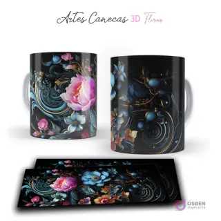 Taza con bellas flores 3D rosadas y azules, con volutas doradas en un diseño sofisticado sobre fondo negro. Vista frontal y plantilla para sublimar.