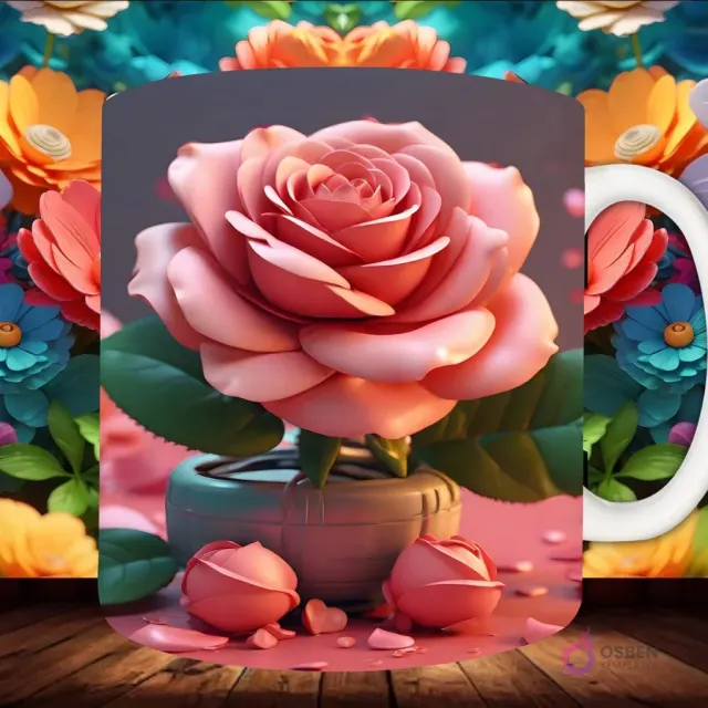 Mockup de taza sublimada con una rosa 3D rosa en maceta, acompañada de pequeñas rosas y pétalos, sobre fondo floral vibrante.