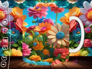 Mockup de taza sublimada con un campo de flores 3D coloridas y variadas bajo cielo azul brillante, sobre fondo floral.