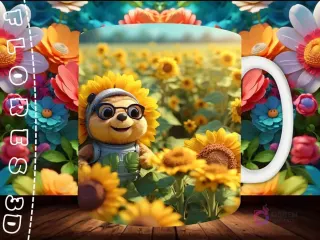 Mockup de taza sublimada con un personaje de abeja con cabeza de girasol 3D sonriente y gafas en un campo de girasoles, sobre fondo floral.