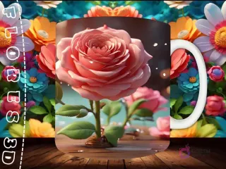 Mockup de taza sublimada con una rosa 3D rosa de tallo largo con hojas, sobre una superficie de madera y fondo floral multicolor.