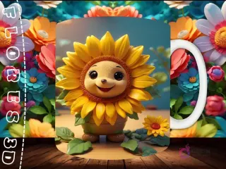 Mockup de taza sublimada con un personaje de girasol 3D sonriente en una pequeña maceta, sobre fondo floral.