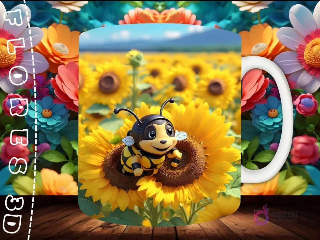 Mockup de taza sublimada con una abeja bebé 3D sobre un girasol gigante en un campo de girasoles, sobre fondo floral multicolor.