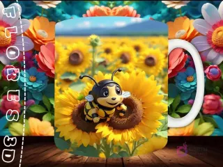 Mockup de taza sublimada con una abeja bebé 3D sobre un girasol gigante en un campo de girasoles, sobre fondo floral multicolor.
