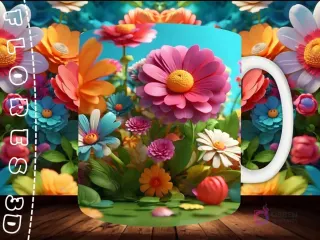 Mockup de taza sublimada con una variedad de flores 3D de múltiples colores, incluyendo rosas, margaritas y dalias, en un jardín exuberante.
