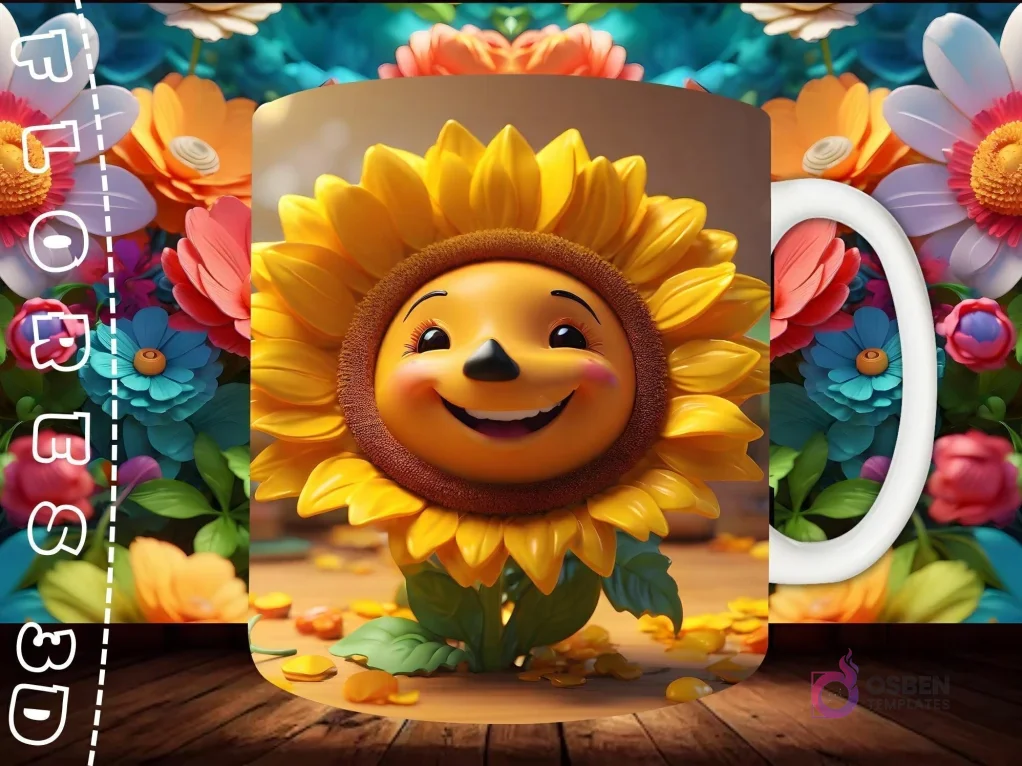 Mockup de taza sublimada con un personaje de girasol 3D sonriente con cabeza grande, rodeado de hojas secas, sobre fondo floral.