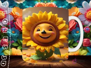 Mockup de taza sublimada con un personaje de girasol 3D sonriente con cabeza grande, rodeado de hojas secas, sobre fondo floral.