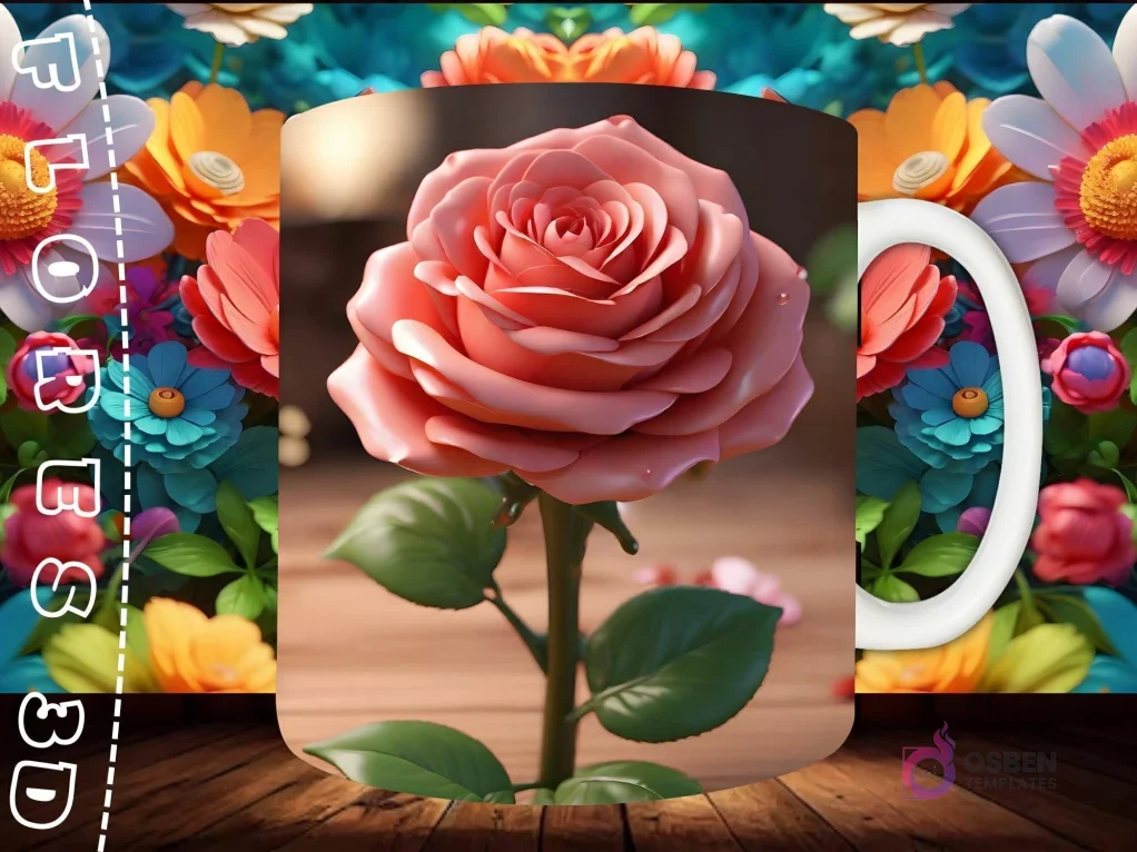 Mockup de taza sublimada con una rosa 3D rosa, detallada con gotas de rocío, sobre fondo floral vibrante y superficie de madera.