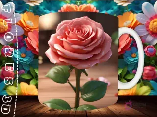 Mockup de taza sublimada con una rosa 3D rosa, detallada con gotas de rocío, sobre fondo floral vibrante y superficie de madera.