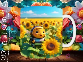 Mockup de taza sublimada con una abeja 3D sonriente y amigable volando sobre un campo de girasoles, sobre fondo floral colorido.