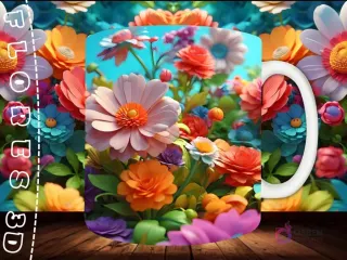 Mockup de taza sublimada con una composición de flores 3D de diversos tamaños y colores, creando un ramo alegre y lleno de vida.