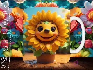 Mockup de taza sublimada con un personaje de girasol 3D sonriente en maceta de terracota, con pétalos caídos, sobre fondo floral.