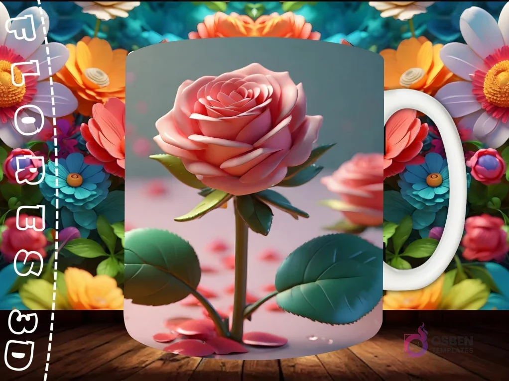 Mockup de taza sublimada con una rosa 3D rosa floreciendo, con pétalos dispersos alrededor de su base, sobre fondo floral.