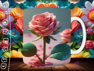 Mockup de taza sublimada con una rosa 3D rosa floreciendo, con pétalos dispersos alrededor de su base, sobre fondo floral.