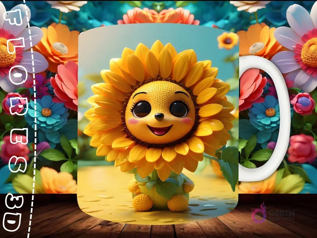 Mockup de taza sublimada con un adorable personaje de girasol 3D en una pose juguetona, sobre una superficie amarilla con gotas de agua.