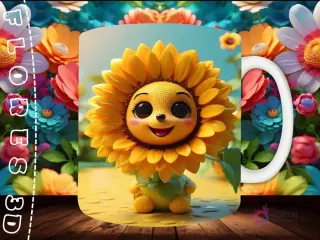Mockup de taza sublimada con un adorable personaje de girasol 3D en una pose juguetona, sobre una superficie amarilla con gotas de agua.