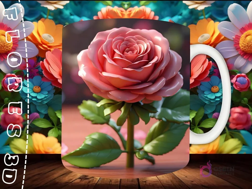 Mockup de taza sublimada con una rosa 3D rosa vibrante, tallo y hojas verdes, sobre un fondo suave y una superficie de madera.