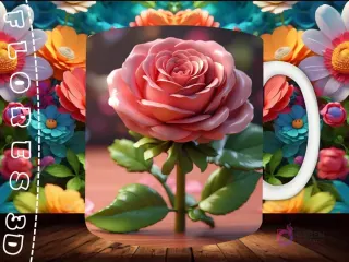 Mockup de taza sublimada con una rosa 3D rosa vibrante, tallo y hojas verdes, sobre un fondo suave y una superficie de madera.