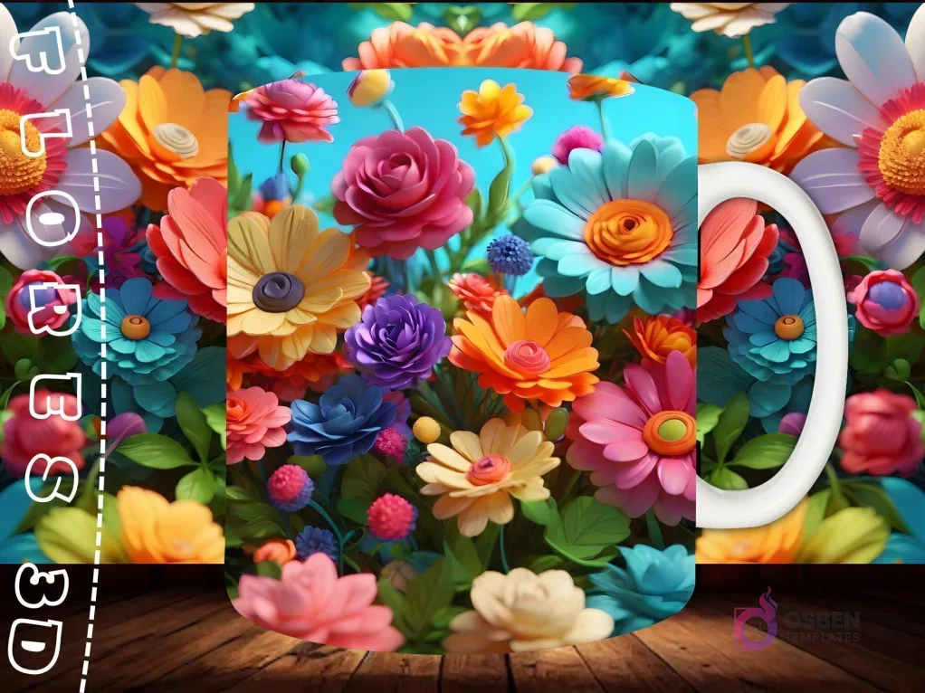 Mockup de taza sublimada con una composición densa de flores 3D de diferentes especies en una paleta de colores vivos y variados.