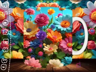 Mockup de taza sublimada con una composición densa de flores 3D de diferentes especies en una paleta de colores vivos y variados.