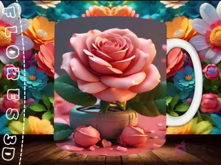 Mockup de taza sublimada con una gran rosa 3D rosa en una pequeña maceta cilíndrica, con brotes de rosa al pie.
