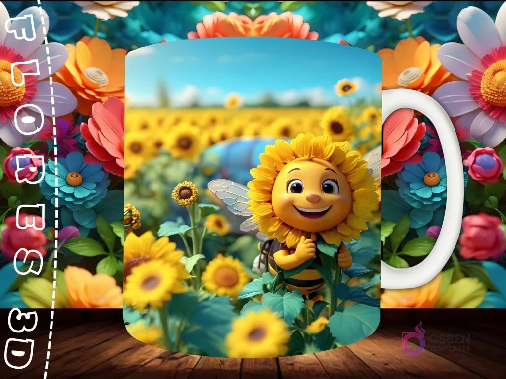 Mockup de taza sublimada con una abeja con cabeza de girasol 3D sonriente, sosteniendo una flor en un campo de girasoles.