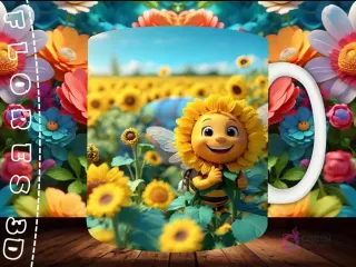 Mockup de taza sublimada con una abeja con cabeza de girasol 3D sonriente, sosteniendo una flor en un campo de girasoles.