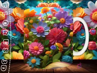 Mockup de taza sublimada con un primer plano de un jardín de flores 3D de colores intensos y contrastantes, como dalias y margaritas.