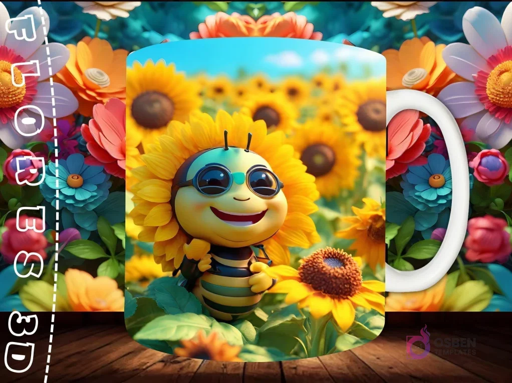 Mockup de taza sublimada con una abeja con cabeza de girasol 3D sonriente, con gafas, en un vasto campo de girasoles.