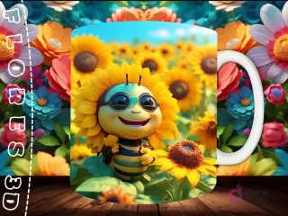 Mockup de taza sublimada con una abeja con cabeza de girasol 3D sonriente, con gafas, en un vasto campo de girasoles.