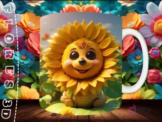 Mockup de taza sublimada con un personaje de girasol 3D muy sonriente, con un cuerpo regordete y hojas pequeñas.