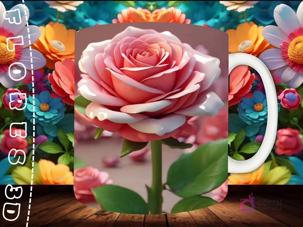 Mockup de taza sublimada con una elegante rosa 3D rosa, con gotas de agua, y pétalos delicadamente doblados.