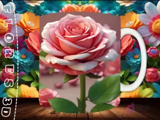 Mockup de taza sublimada con una elegante rosa 3D rosa, con gotas de agua, y pétalos delicadamente doblados.