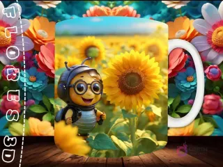 Mockup de taza sublimada con un personaje de abeja 3D con auriculares y mochila, caminando en un campo de girasoles.