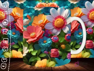 Mockup de taza sublimada con un vibrante ramo de flores 3D variadas, incluyendo margaritas blancas y flores azules.