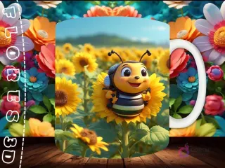 Mockup de taza sublimada con una abeja bebé 3D feliz sentada sobre un girasol en un campo soleado, con fondo floral.