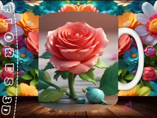 Mockup de taza sublimada con una rosa 3D rosa detallada, con pequeñas gotas y un brote verde en la base.