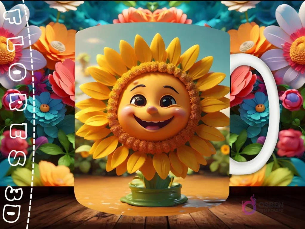 Mockup de taza sublimada con un personaje de girasol 3D sonriente, sentado en hojas verdes, sobre fondo floral multicolor.